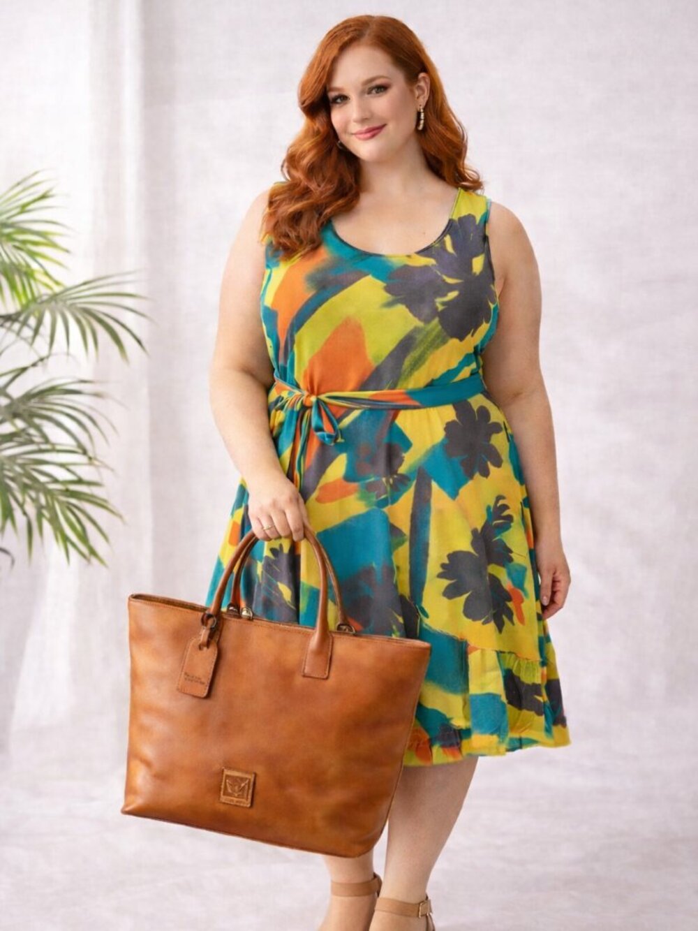 Signature by Robbie Bee Colorful Abstract Floral Dress Tie Waist Flowy 20W